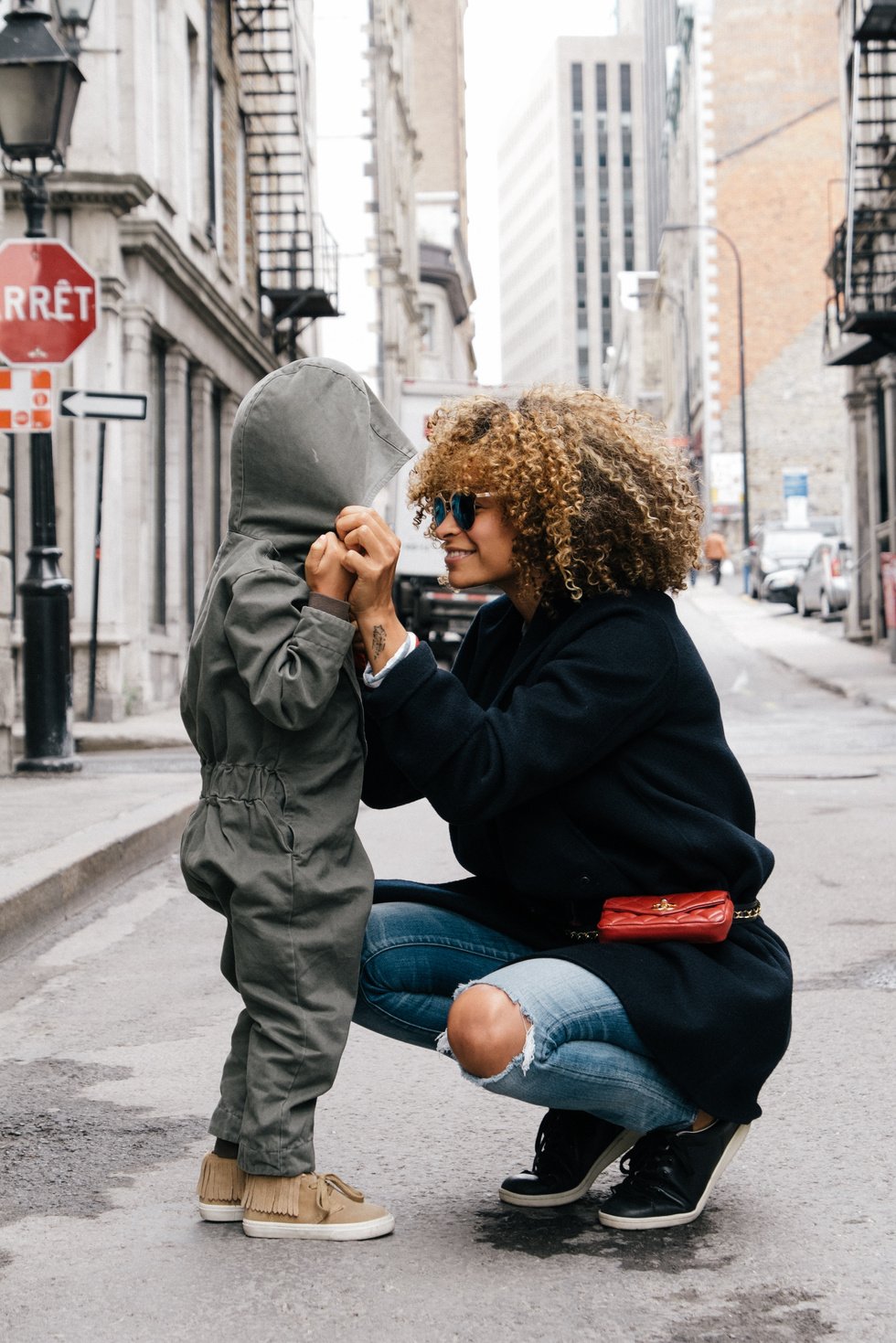 Mother with son in street